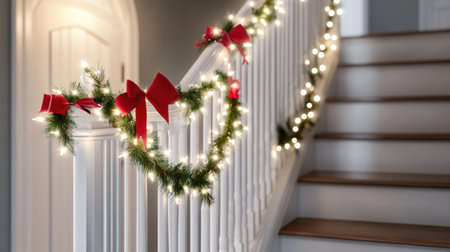 Garland wrapped around staircase railing with white lights and red bows in a cozy hallwayの素材