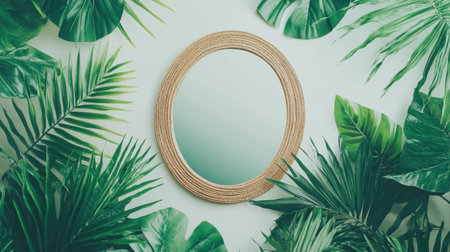 Green leafy decorative plants around a wall mirror in a bright hallwayの素材