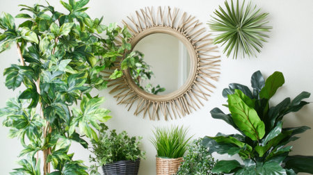 Green leafy decorative plants around a wall mirror in a bright hallwayの素材