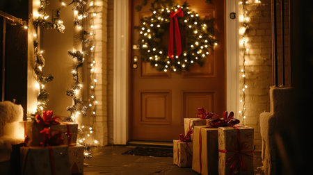 Front porch decorated with Christmas wreath, string lights, and wrapped gift boxesの素材