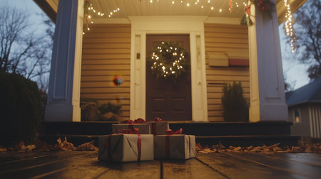 Front porch decorated with Christmas wreath, string lights, and wrapped gift boxesの素材