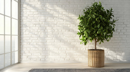 Indoor tree with broad leaves beside a woven rug and white brick wallの素材