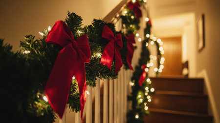 Garland wrapped around staircase railing with white lights and red bows in a cozy hallwayの素材