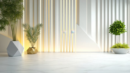 Geometric wall planters with green plants in a modern home interiorの素材