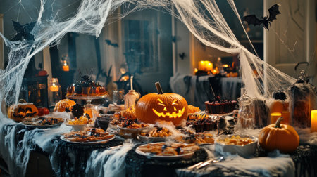 Halloween party setup with spider webs, orange lights, and spooky table decorの素材