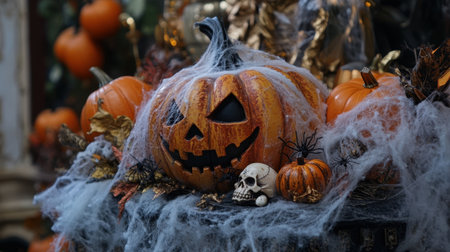 Halloween decorations with pumpkins, spider webs, and skull ornaments creating a spooky vibeの素材