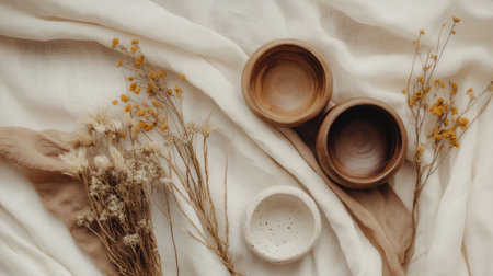 Home decor flat lay with dried florals, ceramic bowls, and neutral-toned fabricsの素材