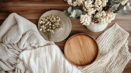Home decor flat lay with dried florals, ceramic bowls, and neutral-toned fabricsの素材