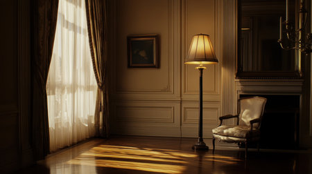 Lantern-style floor lamp casting warm light in a vintage-inspired interiorの素材