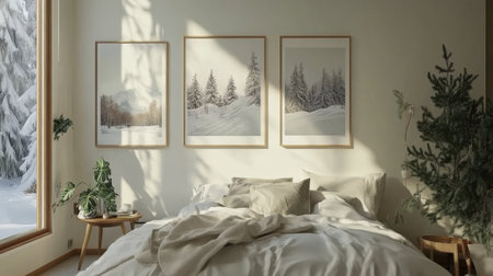 Light-filled bedroom with framed nature-themed wall prints in soft huesの素材