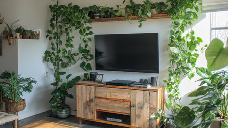 Neutral living space with wall-mounted TV, decorative console, and indoor plantsの素材