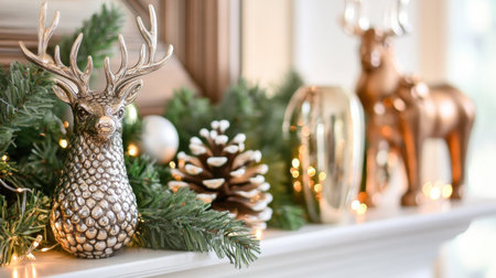 Mantel decor with seasonal greenery, fairy lights, and vintage-inspired accessoriesの素材