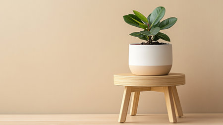 Minimalist bedroom with a single green plant on a nightstand and clean designの素材