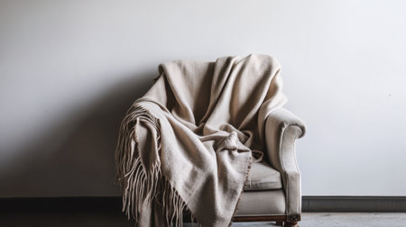 Neutral-toned textiles draped simply on an armchair in an empty room with clean white wallsの素材