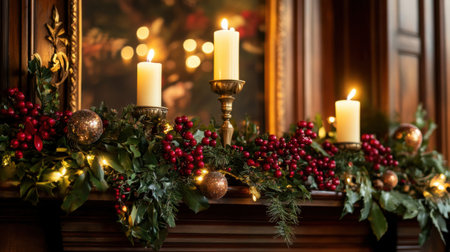 Mantelpiece decorated with garlands, candles, and red berries, glowing softly in dim lightの素材
