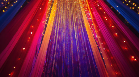 Photo booth backdrop with glitter curtains, paper props, and vibrant lightingの素材