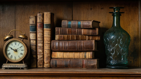 Old leather-bound books stacked next to an antique glass bottle and a decorative clockの素材