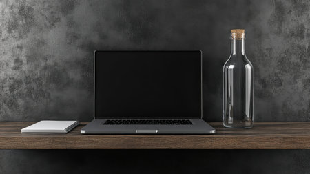 Office shelf with only a closed laptop, notebook, and clean glass bottleの素材