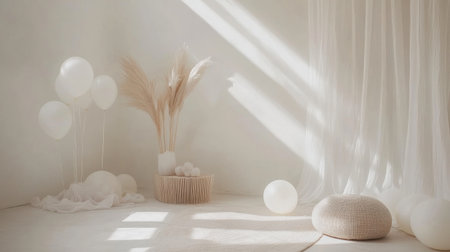 Modern minimalist party decor with white balloons, geometric shapes, and clean setupの素材