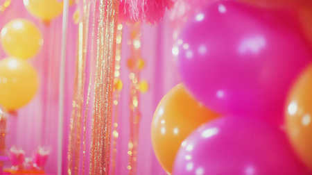 Pink and gold party setup with sequin tablecloth and chic wall bannerの素材