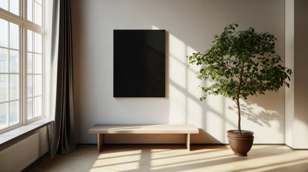 Neutral hallway with minimalist bench, monochrome art piece, and one indoor plant in ceramic potの素材