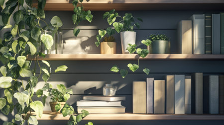 Bookshelf styled with vines, hanging plants, and botanical accessoriesの素材