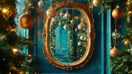 Christmas garland framing a mirror with hanging ornaments and fairy lights in the reflectionの素材