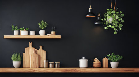 Black accent wall with sleek floating shelves and minimal decor objectsの素材