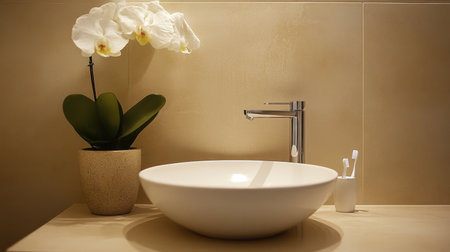 Bathroom vanity with clean sink, one toothbrush holder, and neutral stone countertopの素材