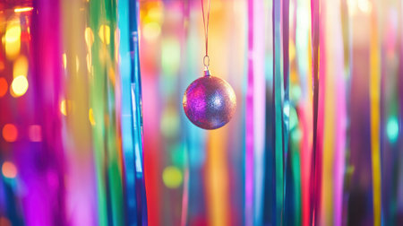 Close-up of shiny metallic party streamers hanging from ceiling for festive vibeの素材