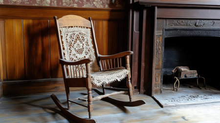 Antique wooden rocking chair with crocheted lace placed next to a vintage fireplaceの素材