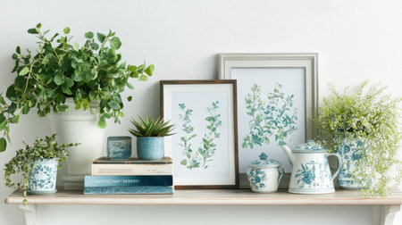 Decorative shelving with books, framed art, plants, and small ceramics styled with careの素材