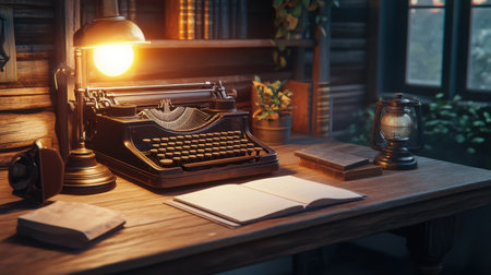 Classic typewriter and vintage paper on an old wooden desk with warm lightingの素材