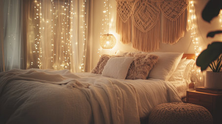 Cozy bedroom decor with fairy lights above the bed, macrame wall art, and soft pillowsの素材