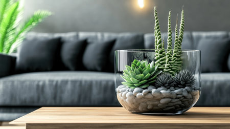Decorative terrarium with layered stones and succulents on a wooden coffee tableの素材