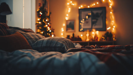 Bed with holiday bedding, plaid pillows, and string lights framing the headboardの素材