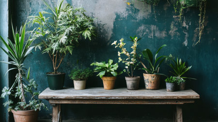 Entryway with potted indoor plants and rustic bench creating a green welcomeの素材