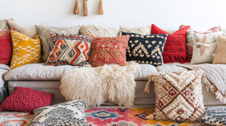Colorful decorative pillows arranged on a boho-style couch with woven throws and patterned rugsの素材