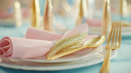 Close-up of themed tableware, napkins, and glittery utensils on party tableの素材