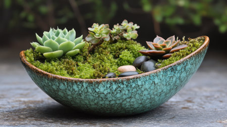Miniature garden with moss, succulents, and stones arranged in a ceramic bowlの素材