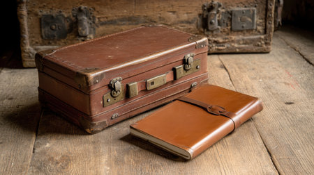 Classic vintage suitcase stacked on a wooden floor, accompanied by a leather journalの素材