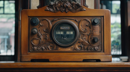 Antique radio sitting on a vintage wooden cabinet with intricate detailsの素材