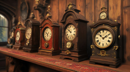 Decorative antique clocks on a wooden mantelpiece, with a vintage rug on the floorの素材