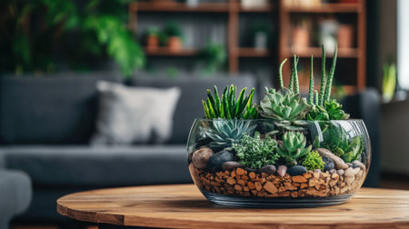 Decorative terrarium with layered stones and succulents on a wooden coffee tableの素材