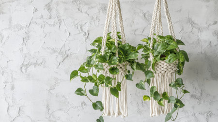 Hanging macrame plant holders with trailing pothos over a textured white wallの素材