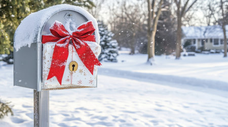 Holiday mailbox display with wrapped gift and festive bows in a snowy outdoor settingの素材