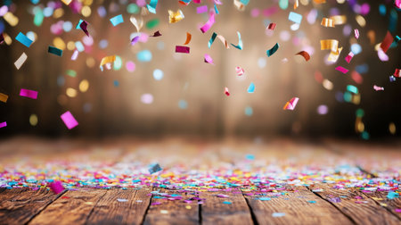 Confetti explosion scene with colorful paper falling around party decor setupの素材