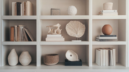 Built-in shelves styled with minimal decor, pottery, and abstract sculpturesの素材