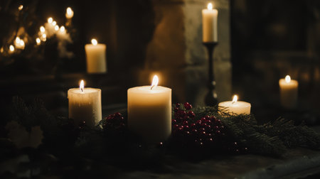 Mantelpiece decorated with garlands, candles, and red berries, glowing softly in dim lightの素材