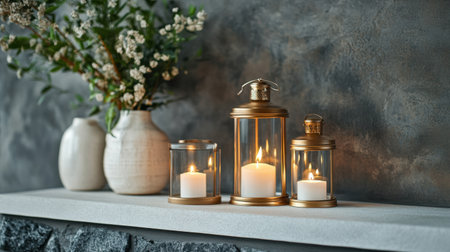 Decorative candles and lanterns styled on a modern fireplace mantelの素材